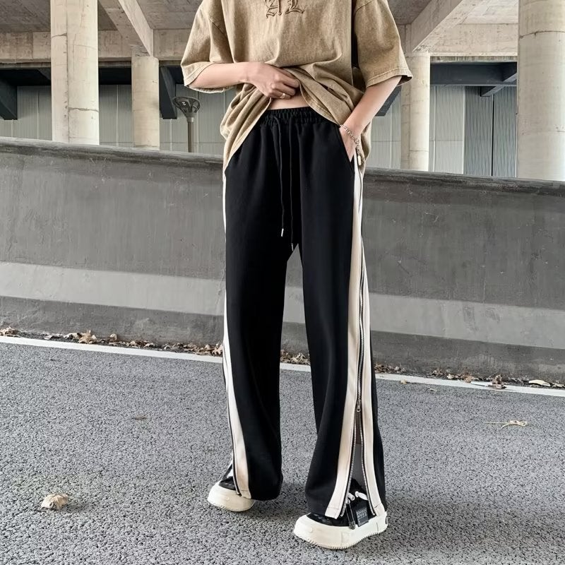 2024 Casual Pants High Street Hong Kong Style Design Sense Niche Zipper Split Loose Straight Wide Leg Trousers - Image 1
