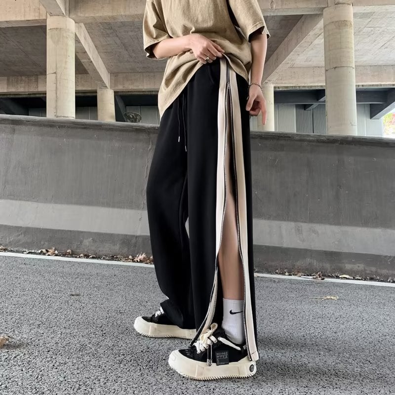 2024 Casual Pants High Street Hong Kong Style Design Sense Niche Zipper Split Loose Straight Wide Leg Trousers - Image 4