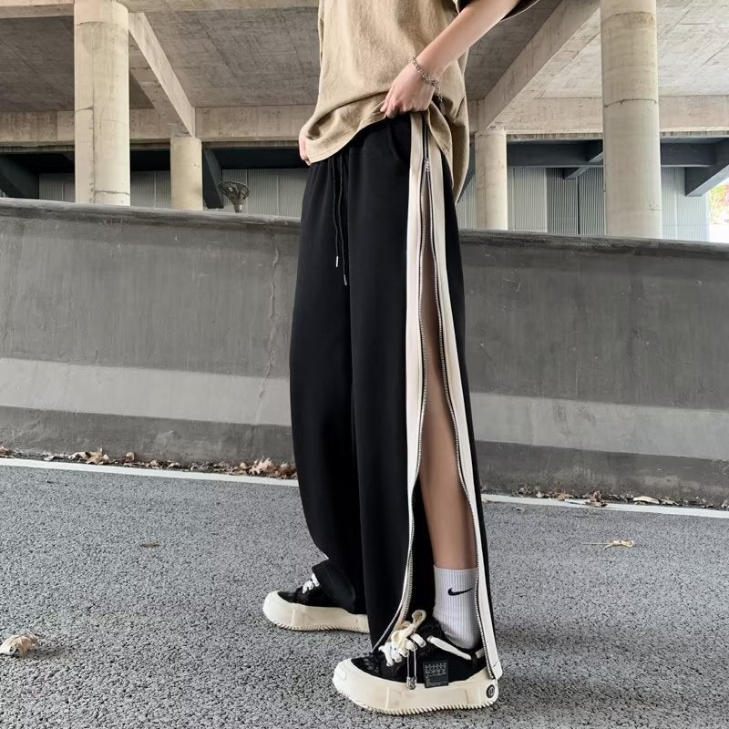 2024 Casual Pants High Street Hong Kong Style Design Sense Niche Zipper Split Loose Straight Wide Leg Trousers - Image 5