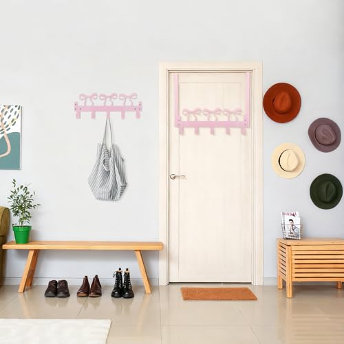 Kathfly Pink Bow Over The Door Hooks Hanger Wall Mount Towel Hanger Door Holder Organizer 5 Hooks Kawaii Rustic Coquettish Style Decor for Bedroom Bathroom Towel Hat Clothes Pink - Image 3