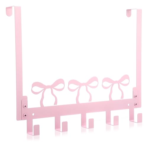 Kathfly Pink Bow Over The Door Hooks Hanger Wall Mount Towel Hanger Door Holder Organizer 5 Hooks Kawaii Rustic Coquettish Style Decor for Bedroom Bathroom Towel Hat Clothes Pink - Image 1