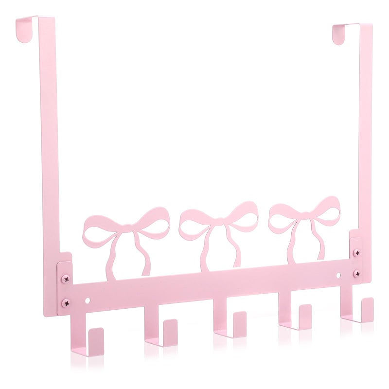 Kathfly Pink Bow Over The Door Hooks Hanger Wall Mount Towel Hanger Door Holder Organizer 5 Hooks Kawaii Rustic Coquettish Style Decor for Bedroom Bathroom Towel Hat Clothes Pink - Image 2