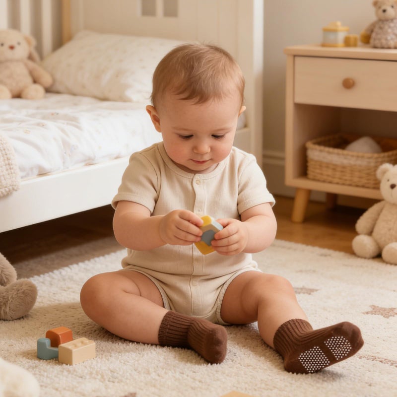 Bearbay Toddler Non Slip Cotton Crew Socks with Anti-slip Dots for Infant Baby Boys Girls 9 Pairs Brown - Image 4