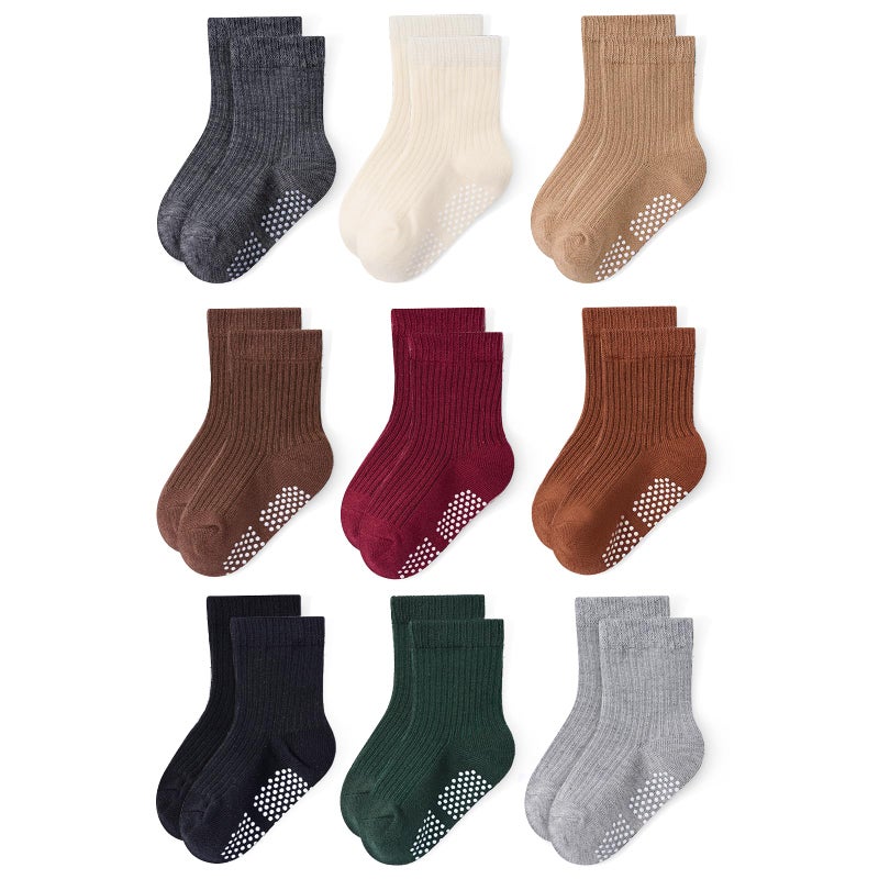Bearbay Toddler Non Slip Cotton Crew Socks with Anti-slip Dots for Infant Baby Boys Girls 9 Pairs Brown - Image 1