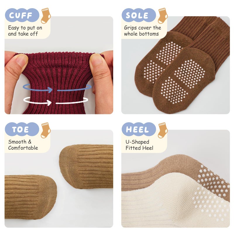 Bearbay Toddler Non Slip Cotton Crew Socks with Anti-slip Dots for Infant Baby Boys Girls 9 Pairs Brown - Image 2