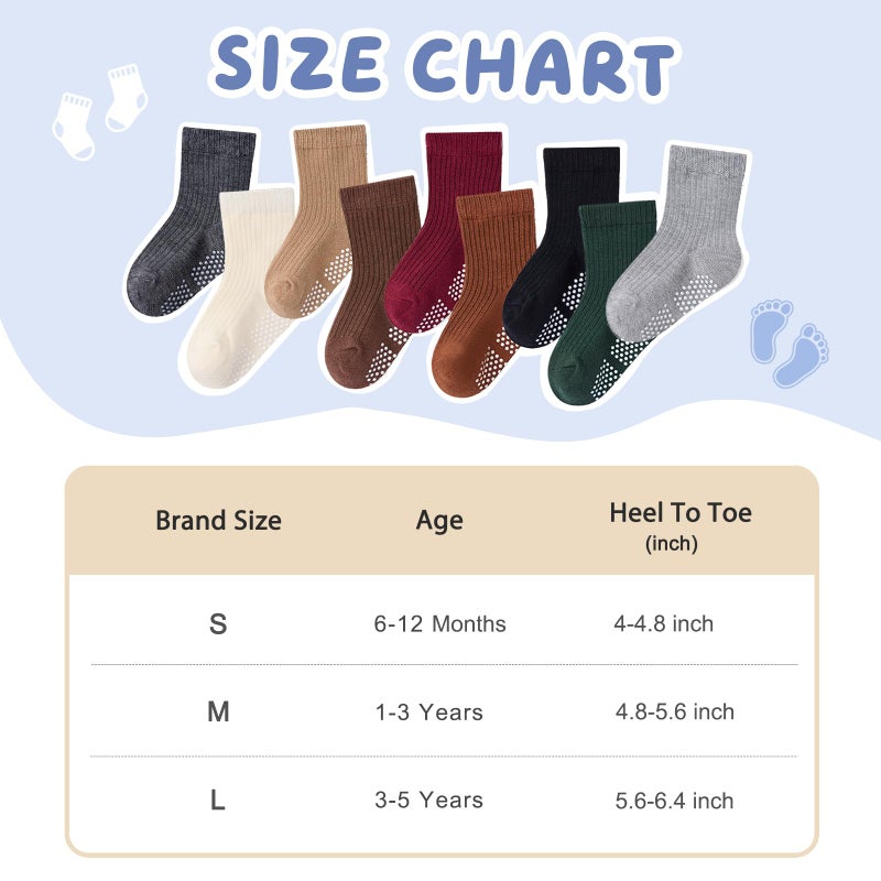 Bearbay Toddler Non Slip Cotton Crew Socks with Anti-slip Dots for Infant Baby Boys Girls 9 Pairs Brown - Image 3