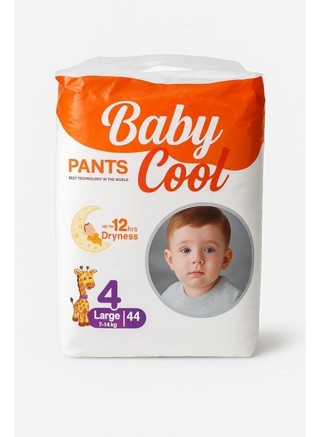 حفاضات بيبي كول بنطلون - المقاس الكبير (7–14 كجم) | 44 قطعة | جفاف لمدة 12 ساعة | حفاضات ناعمة وقابلة للتنفس | تصميم سهل السحب | المقاس 4 - Image 1