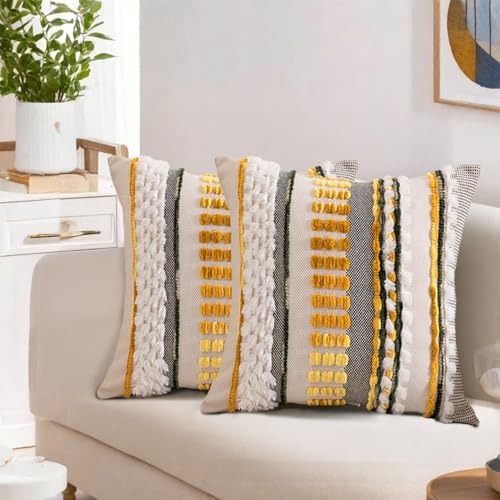 Emvency Boho Throw Pillow Covers 18x18 Inches Set of 2 Yellow and White Chenille Tufted Farmhouse Striped Chic Modern Art Square Decorative Couch Pillowcases for Home Decor Bedroom Sofa Living Room - Image 1