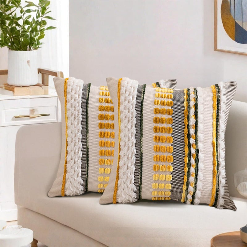 Emvency Boho Throw Pillow Covers 18x18 Inches Set of 2 Yellow and White Chenille Tufted Farmhouse Striped Chic Modern Art Square Decorative Couch Pillowcases for Home Decor Bedroom Sofa Living Room - Image 2