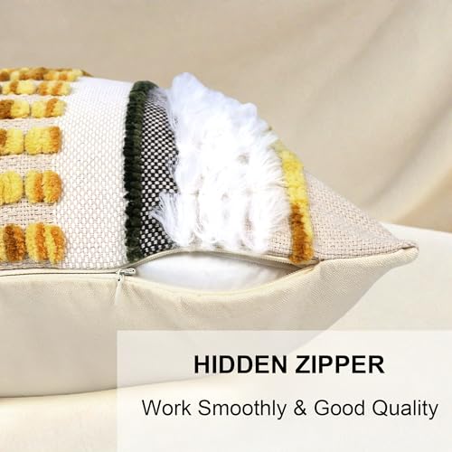 Emvency Boho Throw Pillow Covers 18x18 Inches Set of 2 Yellow and White Chenille Tufted Farmhouse Striped Chic Modern Art Square Decorative Couch Pillowcases for Home Decor Bedroom Sofa Living Room - Image 3