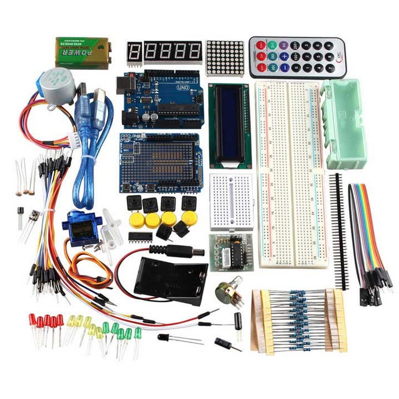 حزمة تعلم R3 UNO لأردوينو بمحرك خطي وشاشة LCD 1602 وأجهزة استشعار ومحرك مستخدم (سيرفو) وشبكة خبز وأسلاك وصل (جامبر) - Image 1