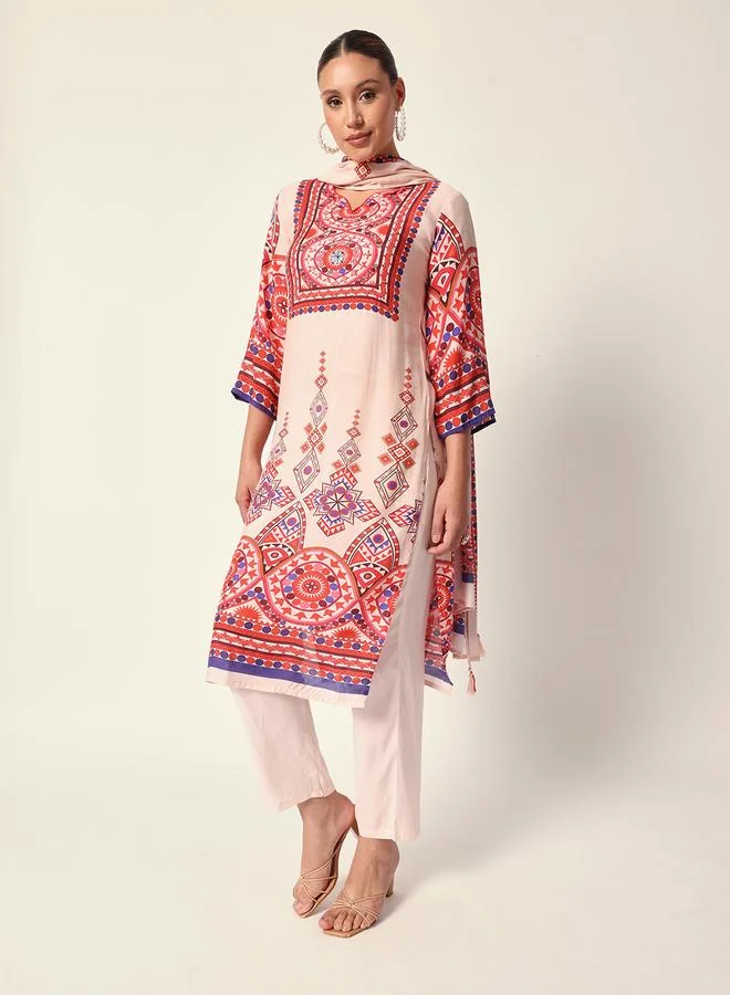 ISHIN Women's Off White Muslin Textured Tunic Full Palazzo Regular Fit Kurta Set