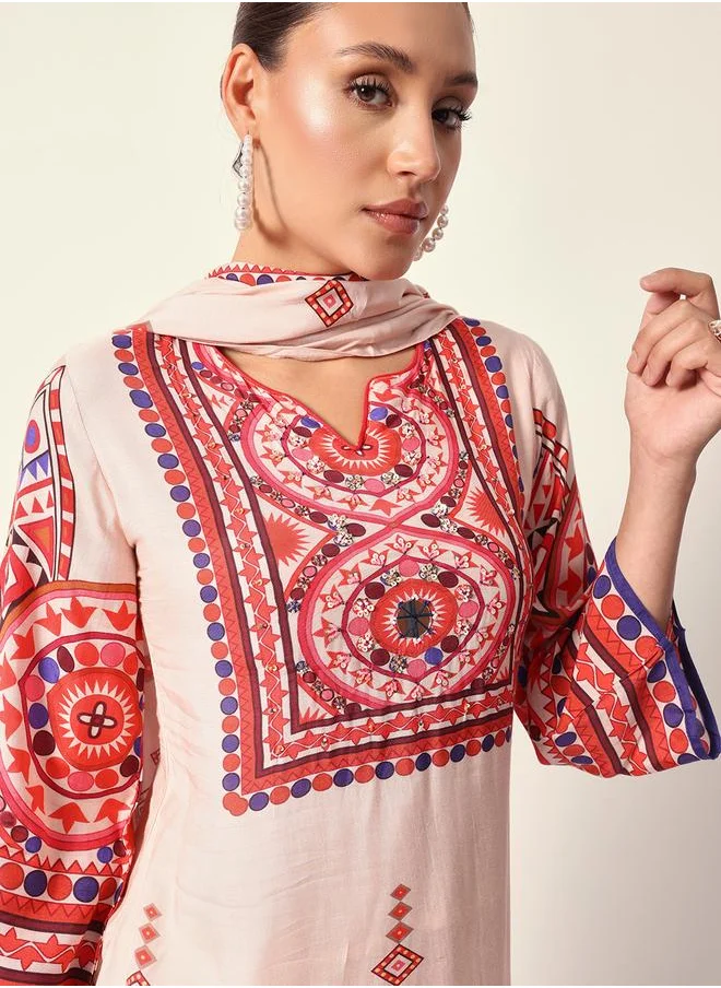 آي شين Women's Off White Muslin Textured Tunic Full Palazzo Regular Fit Kurta Set