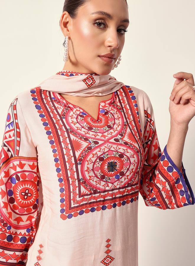 ISHIN Women's Off White Muslin Textured Tunic Full Palazzo Regular Fit Kurta Set  - Image 2
