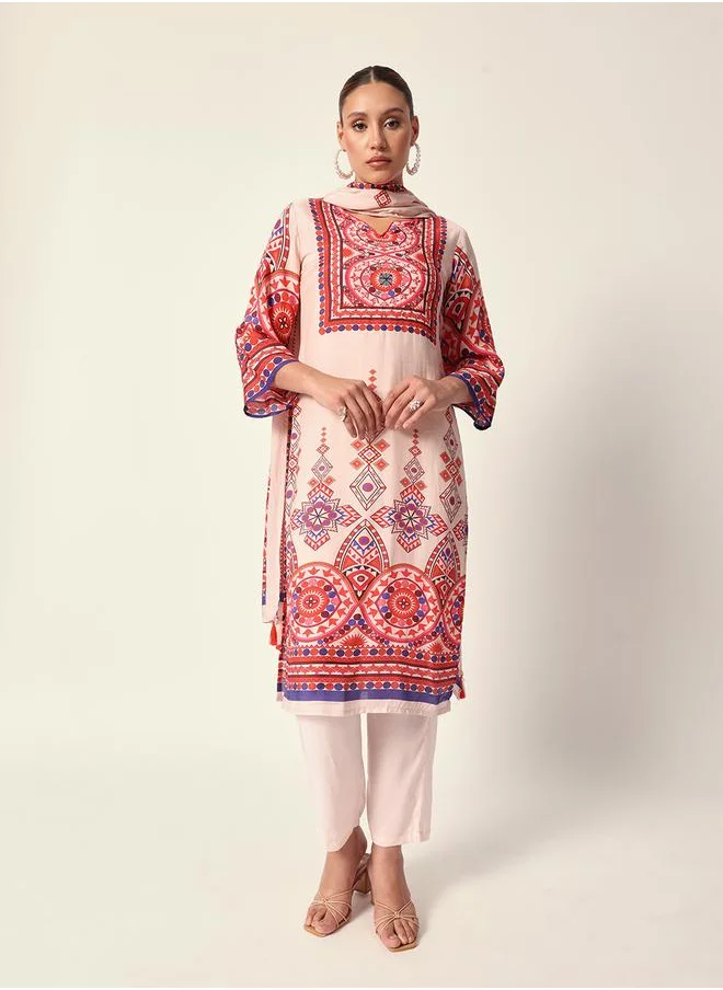 آي شين Women's Off White Muslin Textured Tunic Full Palazzo Regular Fit Kurta Set
