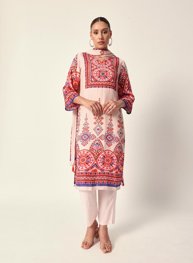 ISHIN Women's Off White Muslin Textured Tunic Full Palazzo Regular Fit Kurta Set  - Image 1