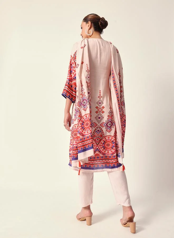 ISHIN Women's Off White Muslin Textured Tunic Full Palazzo Regular Fit Kurta Set
