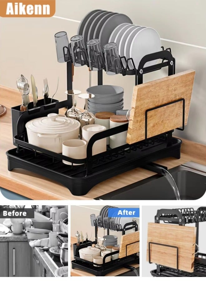 Aikenn Dish Drying Rack,Sink Dish Drying Rack,Stainless Steel Dish Rack,2 Tier Large Dish Rack,Adjustable Pot Organizer For Kitchen Cabinet Storage,Dishes, Bowls,Cutlery(Black)  - Image 1