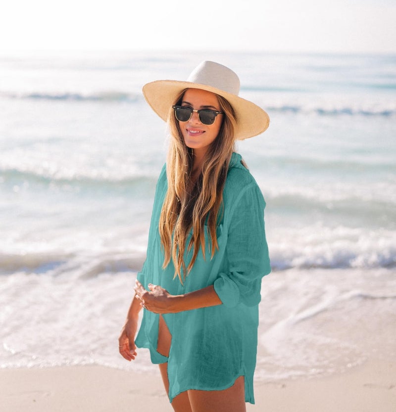 Zoye Chen Women’s Bikini Swimsuit Cover Up Button Down V Neck Shirts Long Sleeve Blouse Beachwear Bathing Suit (Peacock-Blue, Large) - Image 5