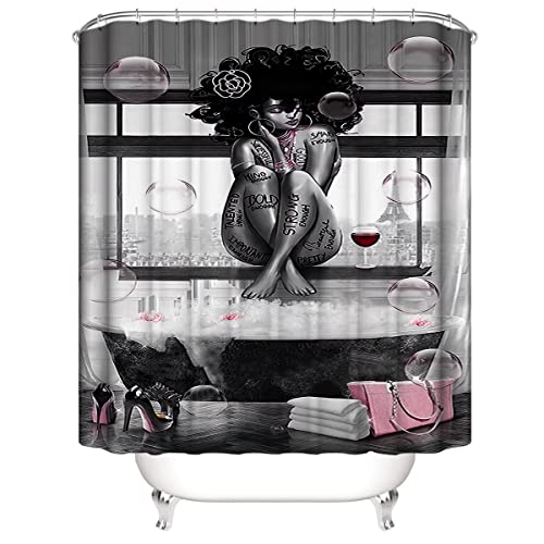 DDS-DUDES 4Pcs African American Black Girl Waterproof Shower Curtain Sets for Bathroom with Non Slip Rugs, Toilet Cover and Bath Mat, 12 Plastic Hooks (Girl-Sit) - Image 2