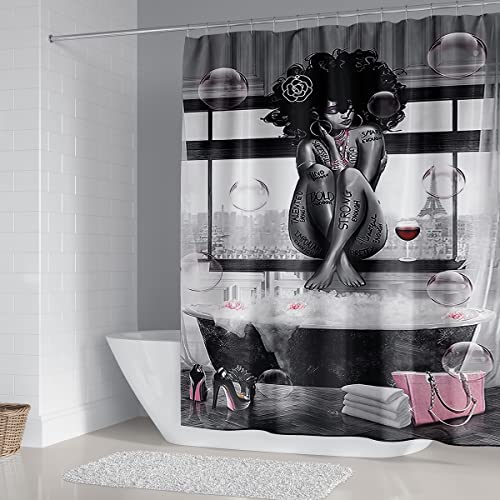 DDS-DUDES 4Pcs African American Black Girl Waterproof Shower Curtain Sets for Bathroom with Non Slip Rugs, Toilet Cover and Bath Mat, 12 Plastic Hooks (Girl-Sit) - Image 3