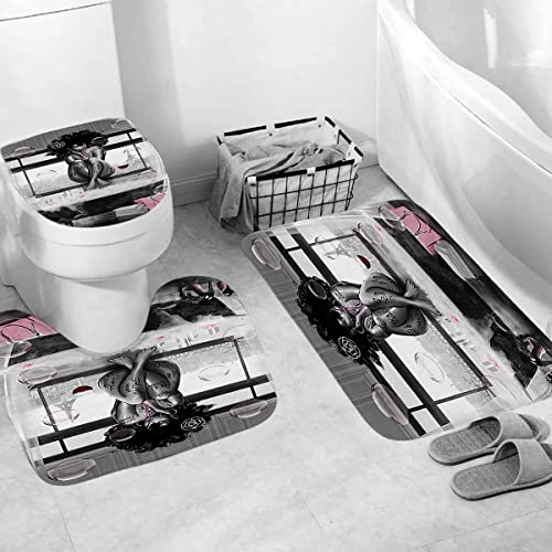 DDS-DUDES 4Pcs African American Black Girl Waterproof Shower Curtain Sets for Bathroom with Non Slip Rugs, Toilet Cover and Bath Mat, 12 Plastic Hooks (Girl-Sit) - Image 4