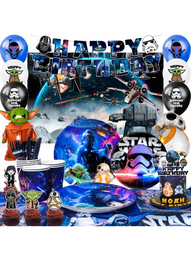 FRUITFUL PARTY Star Wars Party Decorations for 10 Guests, 114pcs Star Wars Party Disposable Tableware Set Star Wars Party Plates Napkins Cups Star Wars Birthday Banner Balloons Cake Decorations - Image 1