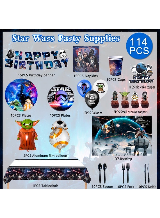 FRUITFUL PARTY Star Wars Party Decorations for 10 Guests, 114pcs Star Wars Party Disposable Tableware Set Star Wars Party Plates Napkins Cups Star Wars Birthday Banner Balloons Cake Decorations - Image 2
