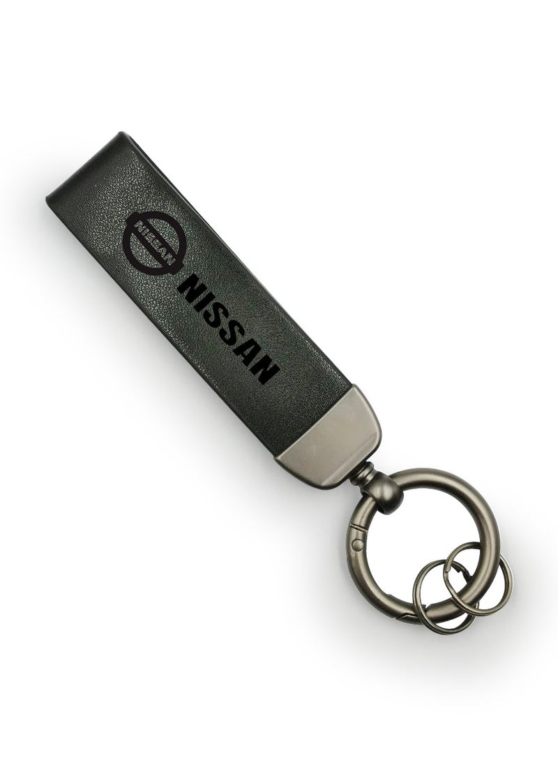 Nissan NISSAN Logo Car Key Chain Super Finish Metal Ring PU Leather Strap Keychain black 1Pcs  - Image 1