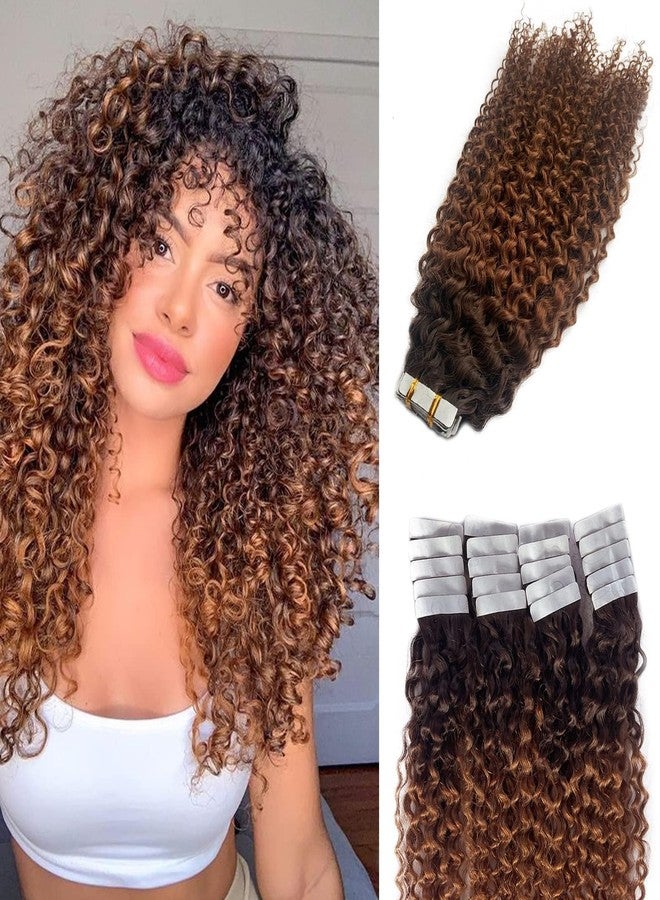 Valiilo Tape in Hair Extensions Curly Ombre Brown to Medium Auburn Jerry Curly Hair Extensions Double Sided Tape ins 16 Inch 20pcs 50g - Image 1