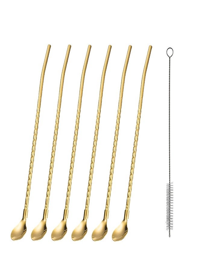 Homeish Reusable Stainless Steel 2-in-1 Straw Cum Spoons Set of 6 with Cleaning Brush | Long Metal Straw Spoons for Ice Tea, Milkshake, Drinks, Cocktails, Eco-Friendly, Food Grade (Golden) - Image 1