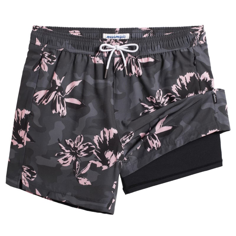 maamgic Mens Swim Trunks with Compression Liner 5 Inch, Quick Dry Bathing Suit with Zipper Pockets, Stretch No-Chafing Swim Shorts, Dark Grey- Pink Poppy Flowers Large - Image 1