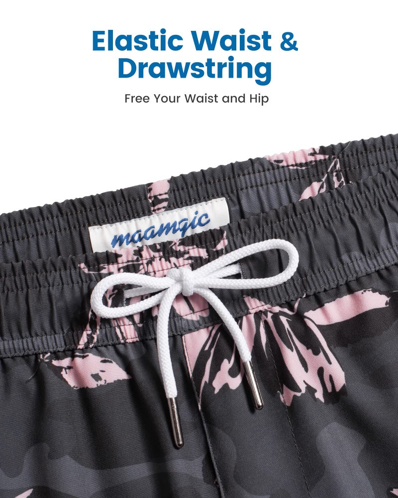 maamgic Mens Swim Trunks with Compression Liner 5 Inch, Quick Dry Bathing Suit with Zipper Pockets, Stretch No-Chafing Swim Shorts, Dark Grey- Pink Poppy Flowers Large - Image 5