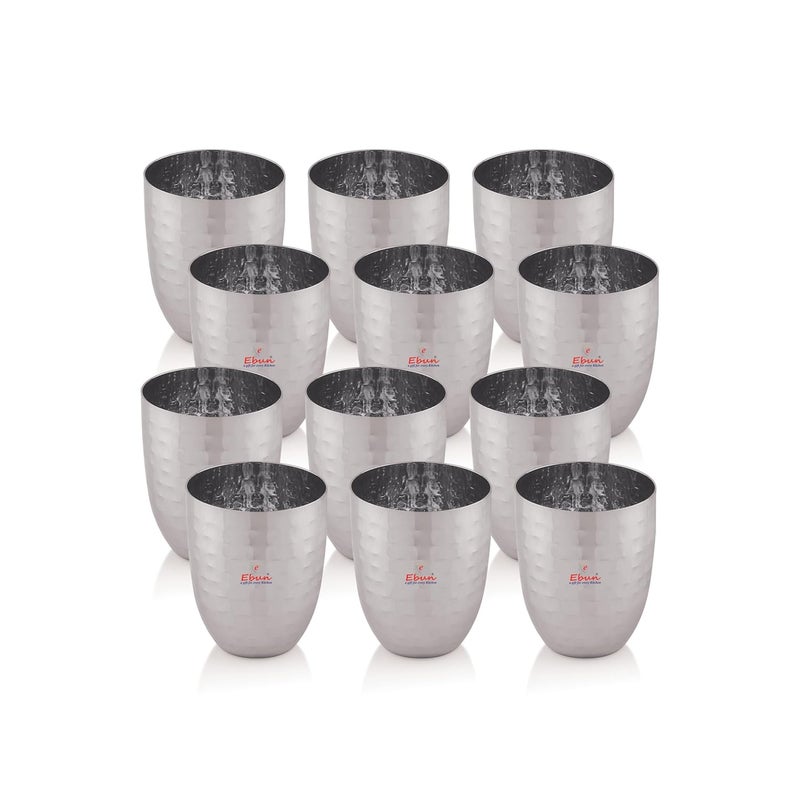 Ebun Stainless Steel Hand Hammered Design Heavy Gauge Drinking Glass Set 12 Pieces 300 Ml - Image 1