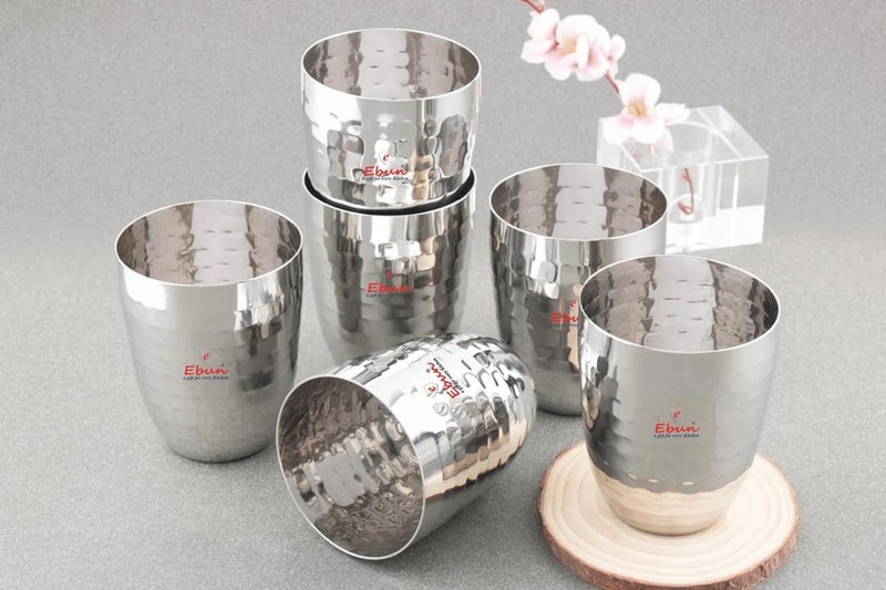 Ebun Stainless Steel Hand Hammered Design Heavy Gauge Drinking Glass Set 12 Pieces 300 Ml - Image 2