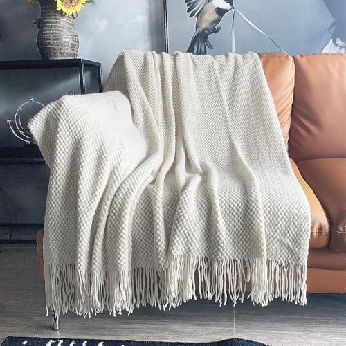 LOMAO Knitted Throw Blanket with Tassels Bubble Textured Lightweight Throws for Couch Cover Home Decor (Cream, 50x60) - Image 1
