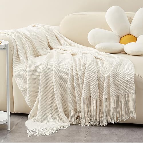 LOMAO Knitted Throw Blanket with Tassels Bubble Textured Lightweight Throws for Couch Cover Home Decor (Cream, 50x60) - Image 3
