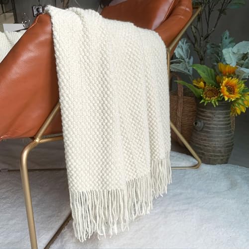 LOMAO Knitted Throw Blanket with Tassels Bubble Textured Lightweight Throws for Couch Cover Home Decor (Cream, 50x60) - Image 2