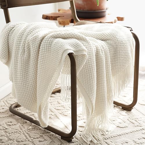 LOMAO Knitted Throw Blanket with Tassels Bubble Textured Lightweight Throws for Couch Cover Home Decor (Cream, 50x60) - Image 5