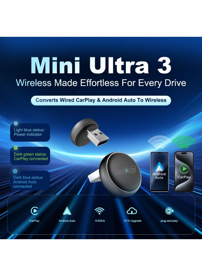 Carlinkit Wireless CarPlay & Android Auto Adapter - Mini Ultra 3 Convert OEM Wired to Wireless Dongle for iPhone & Android 11+, USB-A/Type-C Plug & Play, Fast Connection, Online Upgrade(New Generation Black） - Image 2