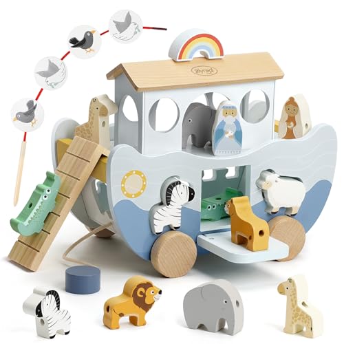 Joyreal Wooden Noahs Ark Toy for 1 Year Old Baby Boy and Girl Baptism Gift Neutral Color Montessori Educational Toy with Animal Shape Sorter Christian Toys for Toddler 13 Christmas Birthday Gift - Image 1