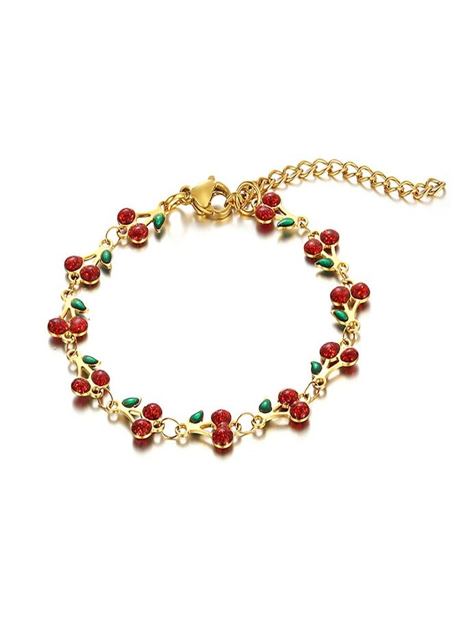 KONPJE سوار الكرز للنساء، سوار رقيق باللونين الأحمر والوردي مزين بزهرة الكرز، سوار بحلقات مزينة بزهرة الكرز، سوار مزين بخرز الكرز، سوار من الكريستال والمينا، قابل للتعديل، مجوهرات صيفية للشاطئ (أحمر) - Image 1