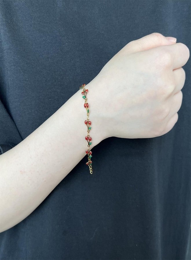 KONPJE سوار الكرز للنساء، سوار رقيق باللونين الأحمر والوردي مزين بزهرة الكرز، سوار بحلقات مزينة بزهرة الكرز، سوار مزين بخرز الكرز، سوار من الكريستال والمينا، قابل للتعديل، مجوهرات صيفية للشاطئ (أحمر) - Image 4