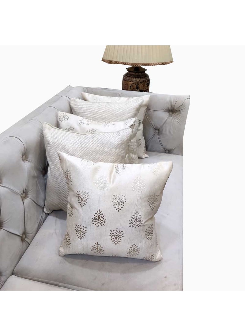Good Vibes GOODVIBES Polyester Cream Silver Floral Foil Printed Combo Square Cushion Covers 40 cm40cm 16 x 16 inch Pack of 5  - Image 1