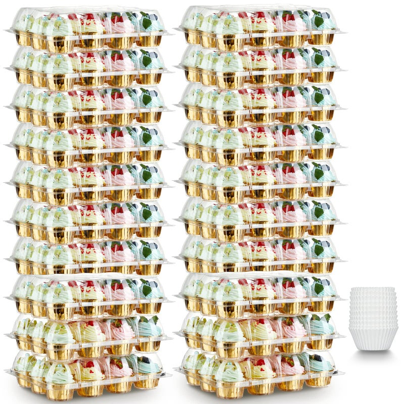Gencywe (12 Pack x 20 Sets) Stackable Cupcake Carrier with 240 Pack Cupcake Liners, Plastic Cupcake Boxes Holders for 12 Cupcakes, High Tall Dome Lid Cupcake Containers, Clear Disposable Cupcake Trays - Image 1
