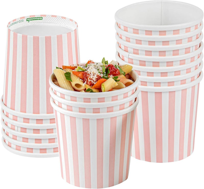 Restaurantware Bio Tek 12 Ounce Soup Containers 25 Durable Soup Bowls  Disposable Sustainable Pink And White Paper Soup Cups Striped Round For Hot Or Cold Foods - Image 1