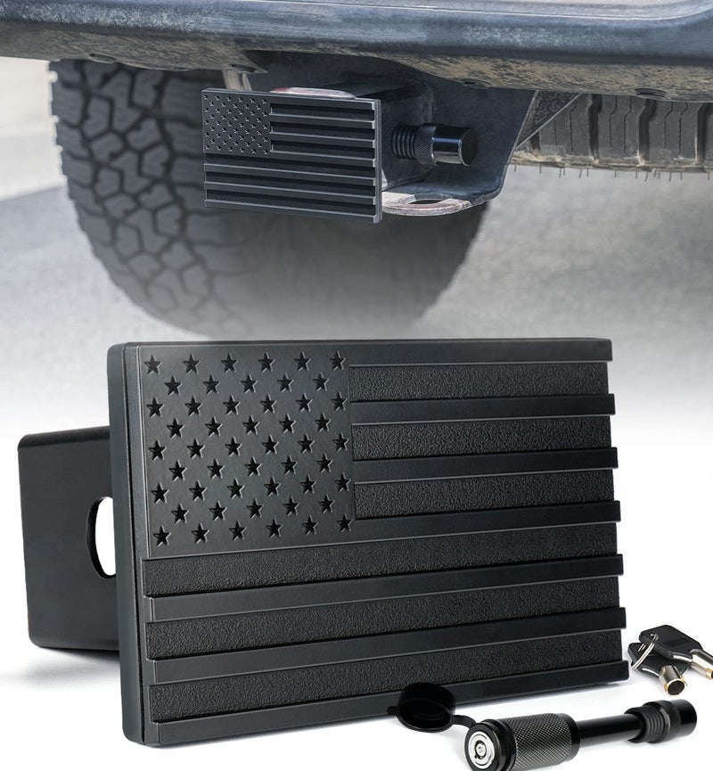 Xprite Aluminum Trailer Hitch Cover, Heavy Duty 2" Inch Tow Hitch Receivers Plug Cover with Pin Locks, American Flag Metal Emblem, Compatible with Pickup, SUV, Jeep, Cars, Trucks Accessories (Black) - Image 1