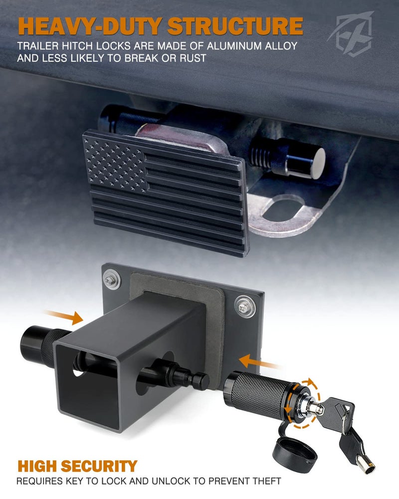 Xprite Aluminum Trailer Hitch Cover, Heavy Duty 2" Inch Tow Hitch Receivers Plug Cover with Pin Locks, American Flag Metal Emblem, Compatible with Pickup, SUV, Jeep, Cars, Trucks Accessories (Black) - Image 2