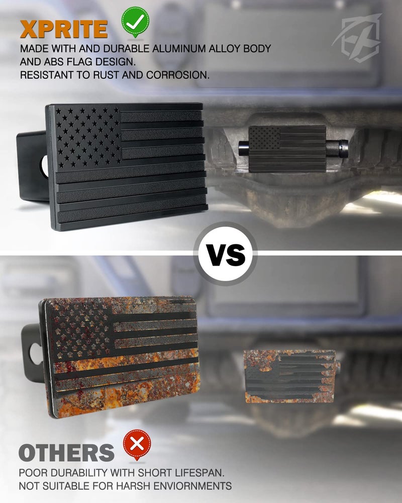 Xprite Aluminum Trailer Hitch Cover, Heavy Duty 2" Inch Tow Hitch Receivers Plug Cover with Pin Locks, American Flag Metal Emblem, Compatible with Pickup, SUV, Jeep, Cars, Trucks Accessories (Black) - Image 3