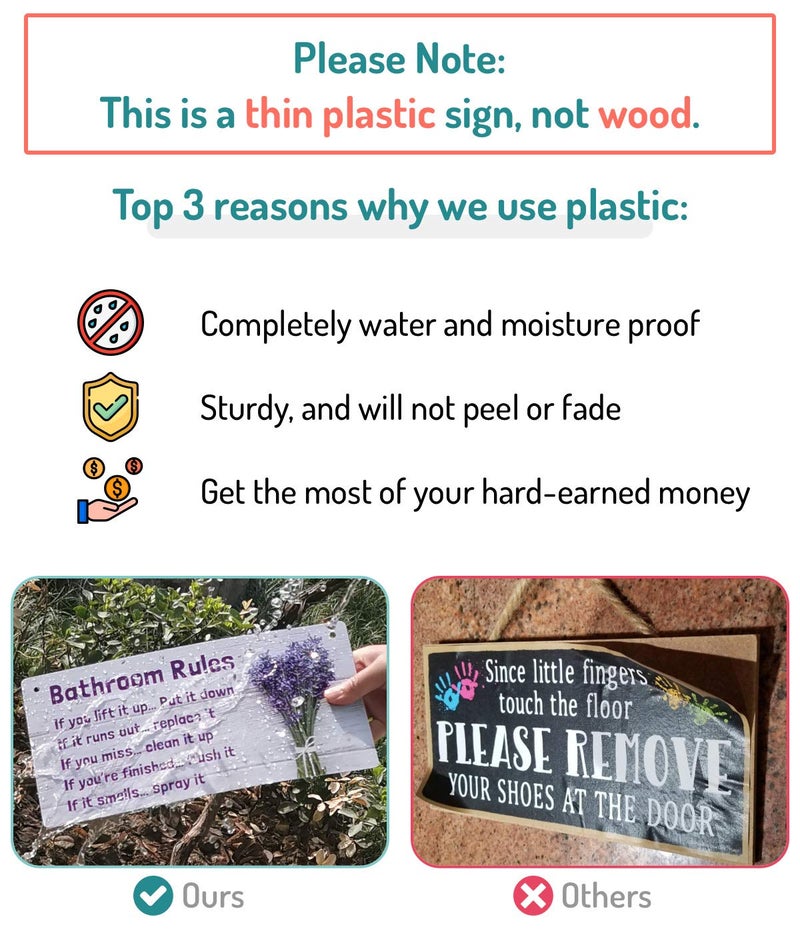 Fun-Plus Bathroom Rule Sign Decor, 12â€³x6â€³ PVC Plastic Wall Decoration Hanging Sign, Water and Humidity Proof, Lavender Purple theme Bathroom Reminder Accessories - Image 3